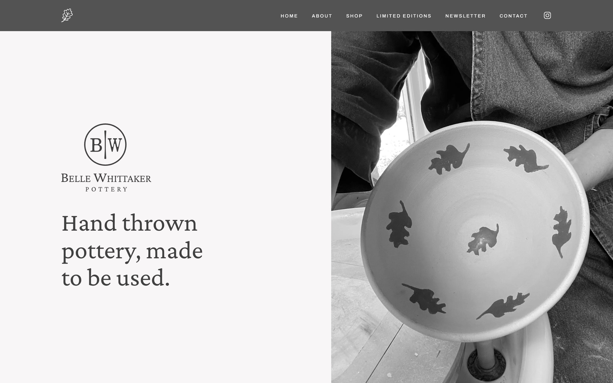 Belle Whittaker Pottery website on desktop