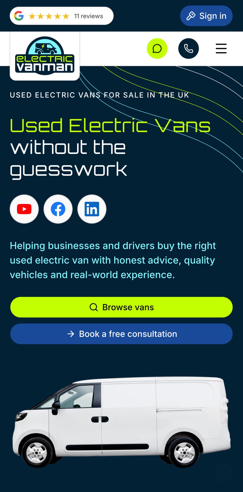 Electric Van Man website on mobile